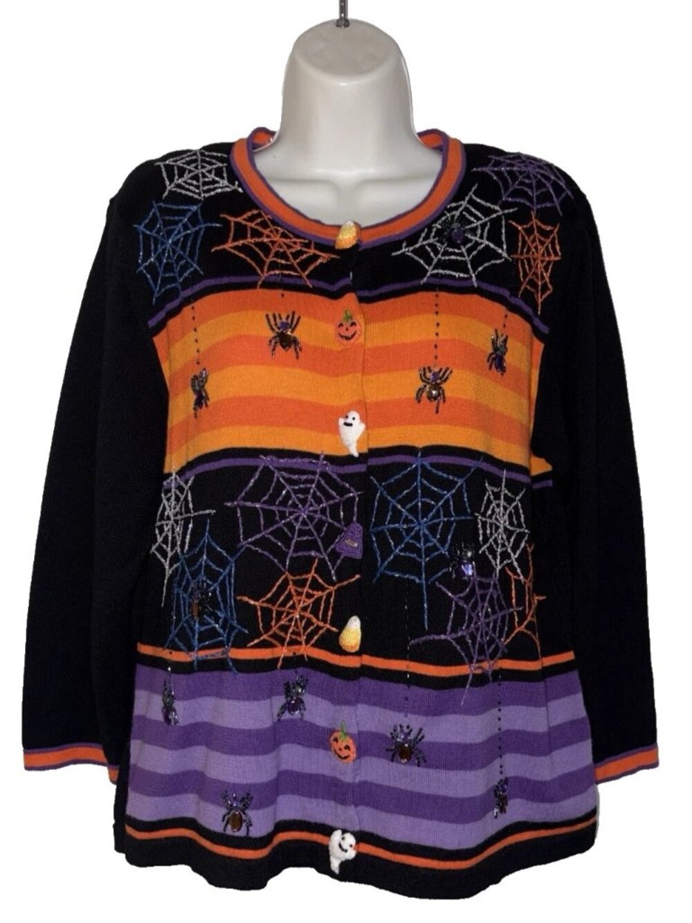 Jack B Quick Vintage Halloween Cardigan Sweater L Black  Spider Webs Embellished